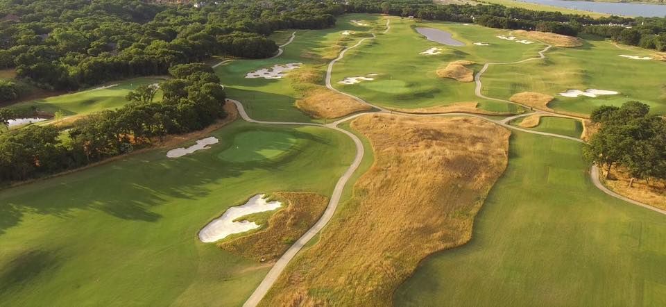 Aerial view of golf course with cart path